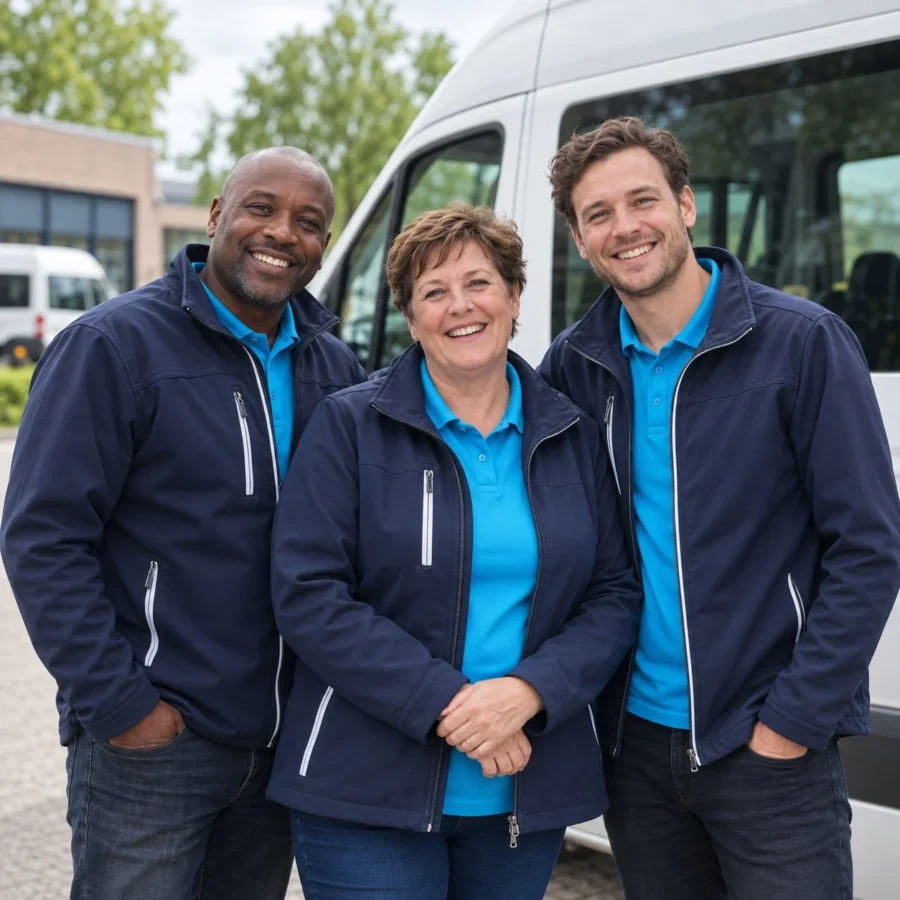 Drie chauffeurs van RMC bij een AOV-bus
