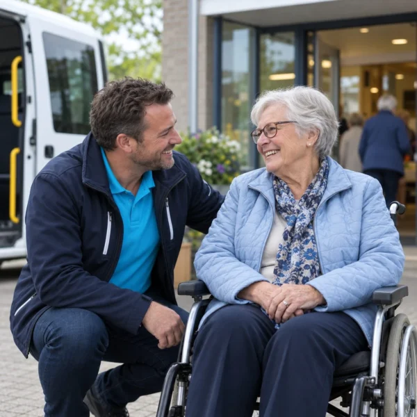 Chauffeur neemt bij de ingang afscheid van een reiziger in een rolstoel