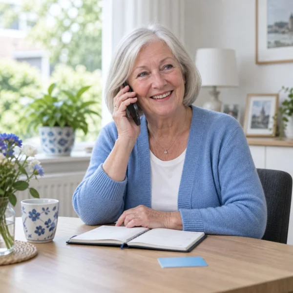Vrouw reserveert thuis telefonisch een rit, met haar agenda en AOV-pas op tafel