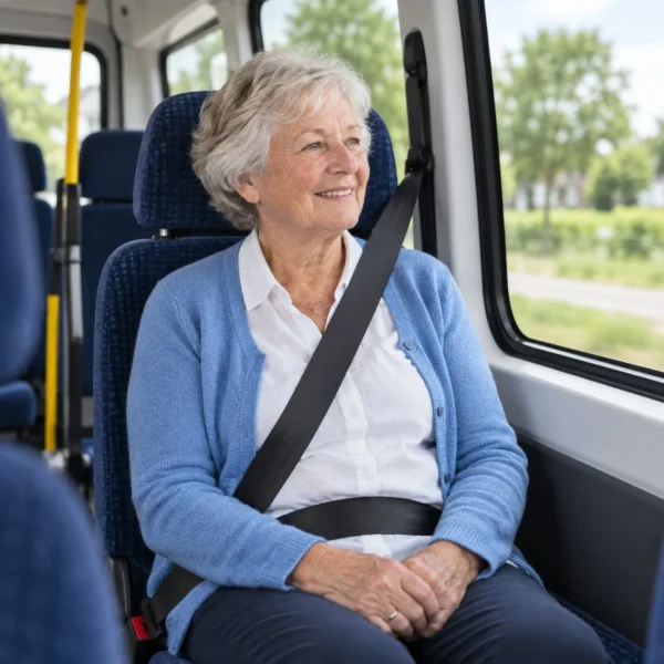 Reiziger zit met de gordel om in de AOV-bus en kijkt uit het raam