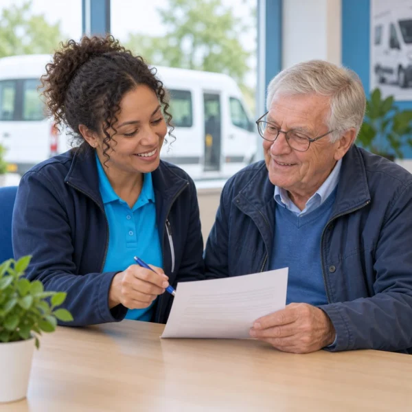 Medewerker van de klantenservice bekijkt samen met een reiziger zijn factuur