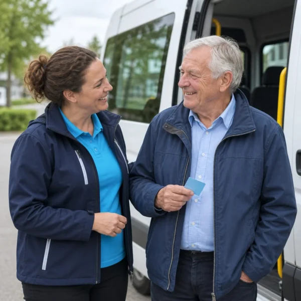 Chauffeur en reiziger met AOV-pas bij de bus